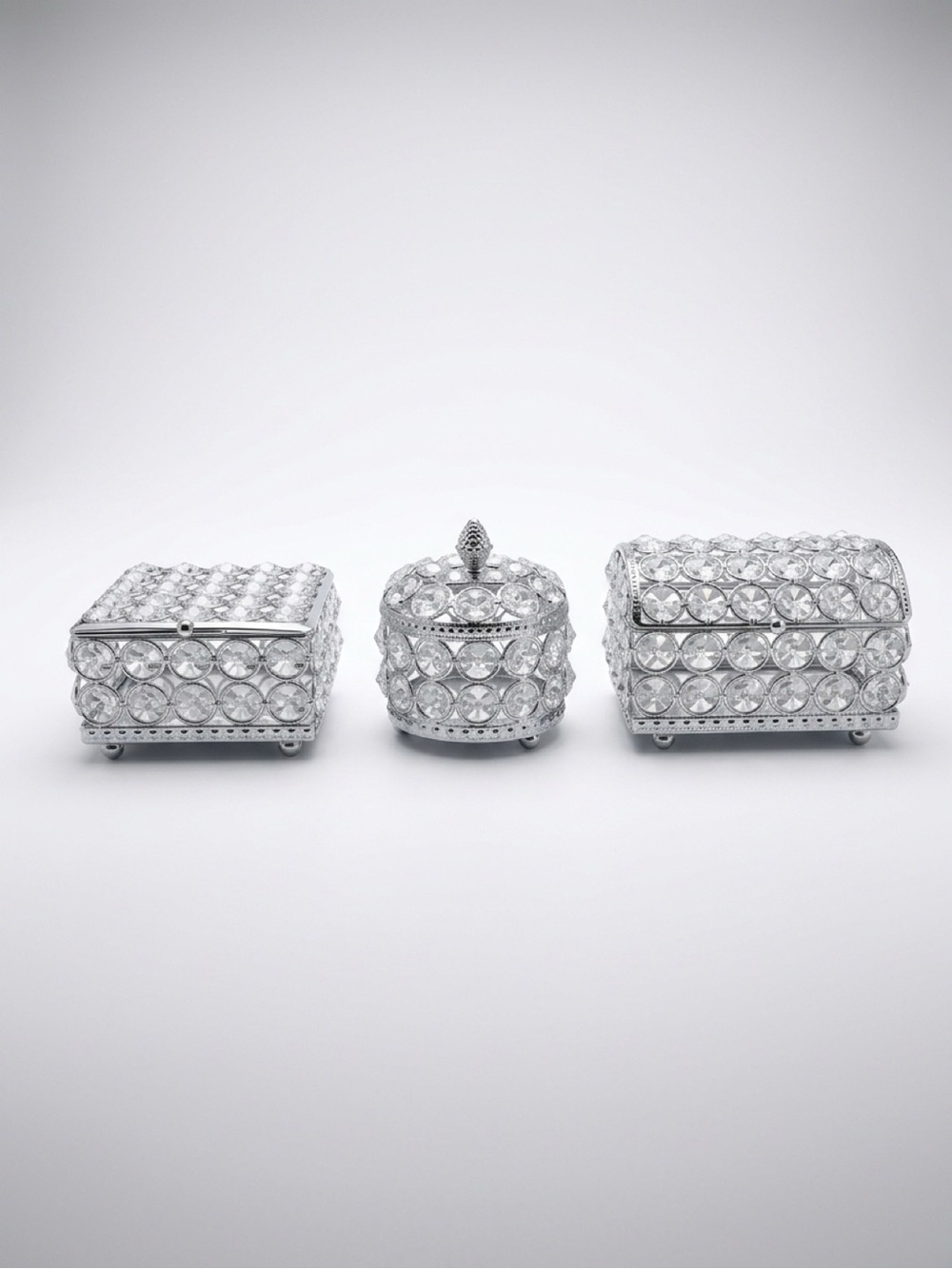 Crystal-Embellished Silver Jewelry Trinket Boxes Set